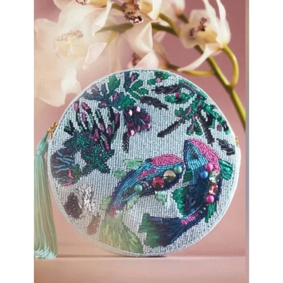 Anthropologie Under the Sea Embroidered Beaded Round Clutch Bag with Tassel NWT - Picture 2 of 5
